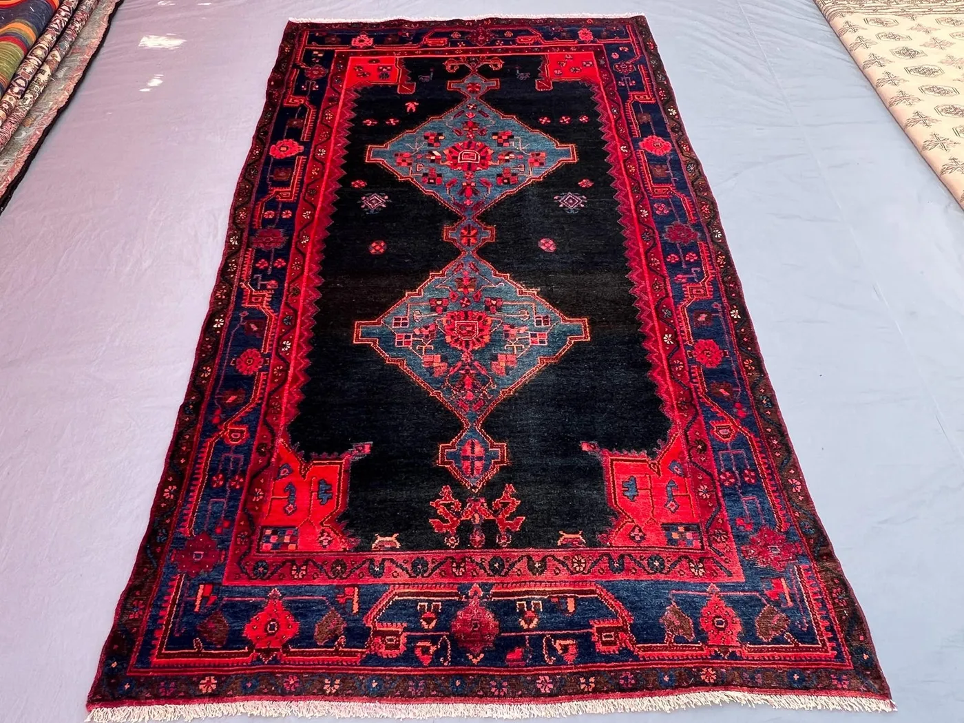 4'9x8'5 Persian-Style Hamadan Design Rug | Hand-Knotted Afghan Wool | Navy Twin-Medallion Vintage Area Rug