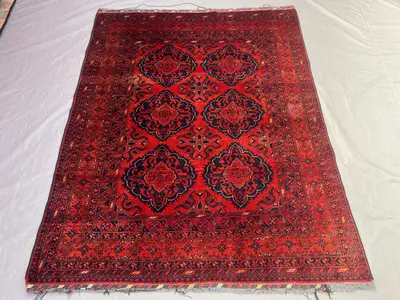 4'10 x 6'2 ft Vintage Afghan Hand Knotted Rug Red Geometric Medallion Soft Pile Tribal Living Room Bedroom Din