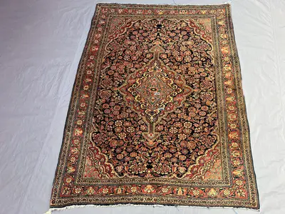 3'10 x 5'2 ft Red, Black & Gold Vintage Afghan Rug, Turkish Inspired Floral Medallion Design, Soft Pile, Tradi