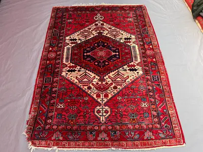 4'9 x 6'9 ft Red & Blue Vintage Afghan Rug, Handwoven, Soft Pile, Traditional Tribal Design, Ideal for Living 