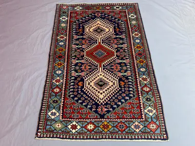 3'7 x 5'5 ft Vintage Afghan Rug, Handwoven, Soft Pile, Tribal Design, Triple Medallion Design Ideal for Living