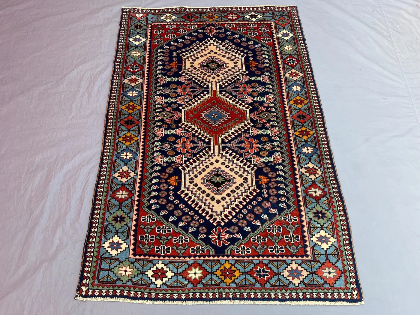 3'7 x 5'5 ft Vintage Afghan Rug, Handwoven, Soft Pile, Tribal Design, Triple Medallion Design Ideal for Living Room or Hallway