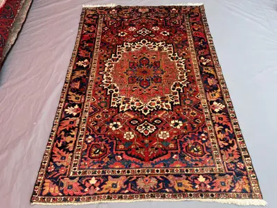 4'5x6'8 Ft Vintage Afghan Hand-Knotted Rug Soft Pile Red, Navy, Beige Tribal Geometric Medallion Design Area R
