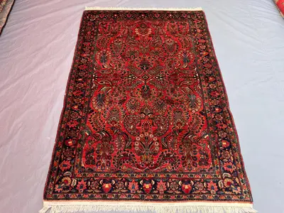 4'3 x 6'7 Persian-Style Sarouk Design Rug | Vintage Afghan Hand-Knotted Wool | Red Floral Spray & Navy Border