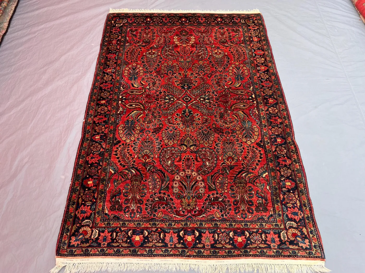 4'3 x 6'7 Persian-Style Sarouk Design Rug | Vintage Afghan Hand-Knotted Wool | Red Floral Spray & Navy Border