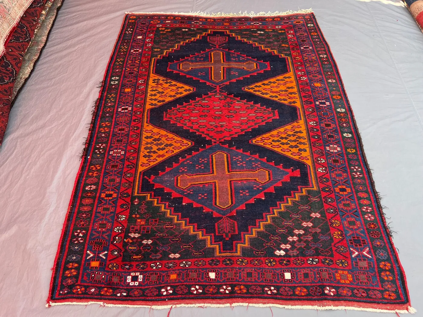 5'4 x 7'4 Persian-Style Luri Kurdish Design Rug | Vintage Afghan Hand-Knotted Wool | Red, Orange & Navy Serrated Diamonds