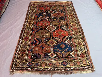 4'9 x 7'4 Kurdish-Style Tribal Rug | Vintage Afghan Handwoven Wool | Camel Gold Border & Hooked Medallions