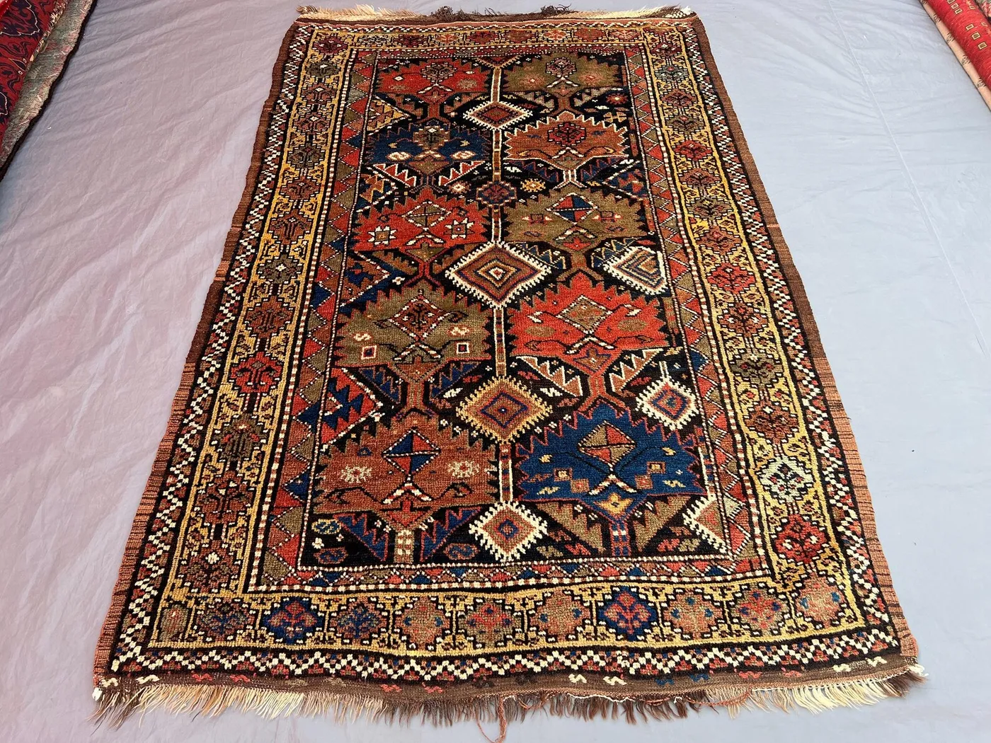 4'9 x 7'4 Kurdish-Style Tribal Rug | Vintage Afghan Handwoven Wool | Camel Gold Border & Hooked Medallions