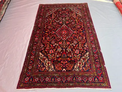 4'5x7'3 ft Vintage Afghan Hand-Knotted Rug, Soft Pile, Floral Goematric Design, Tribal Wool, Living Room, Bedr