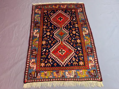 3'5x4'10 ft Vintage Afghan Hand-Knotted Rug, Soft Pile, Tribal Geometric Wool, Red & Blue, Living Room, Bedroo