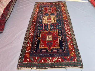 4'1x8'2 ft Antique Afghan Handwoven Kilim Flatweave Rug, Tribal  Geometric Design, Red & Blue, Living Room, Be