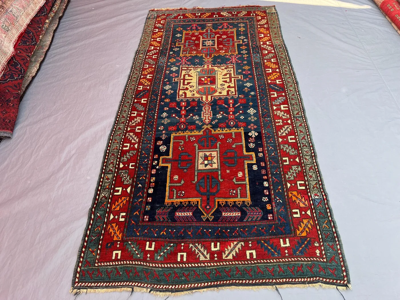 4'1x8'2 ft Antique Afghan Handwoven Kilim Flatweave Rug, Tribal Geometric Design, Red & Blue, Living Room, Bedroom, Traditional Area Rug