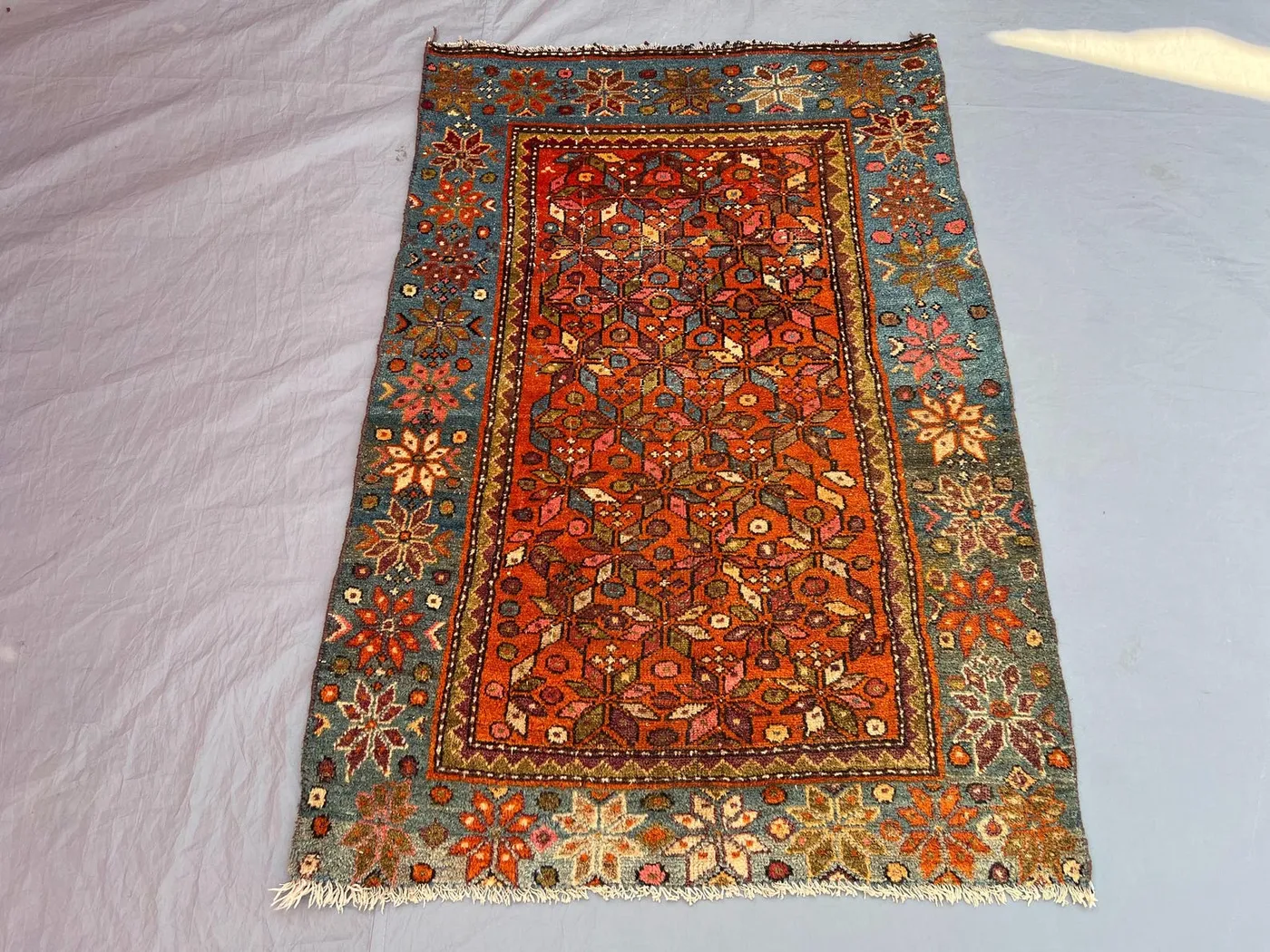 3x4'2 ft Antique Afghan Baluchi Hand-Knotted Rug, Soft Pile, Floral Geometric Design, Red & Blue, Living Room, Bedroom, Traditional Area Rug