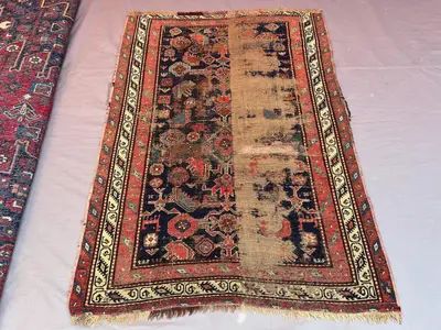 3'7x4'11 ft Antique Afghan Handwoven Kilim Rug, Distressed Flatweave, Tribal Geometric, Low Pile Red & Blue, L