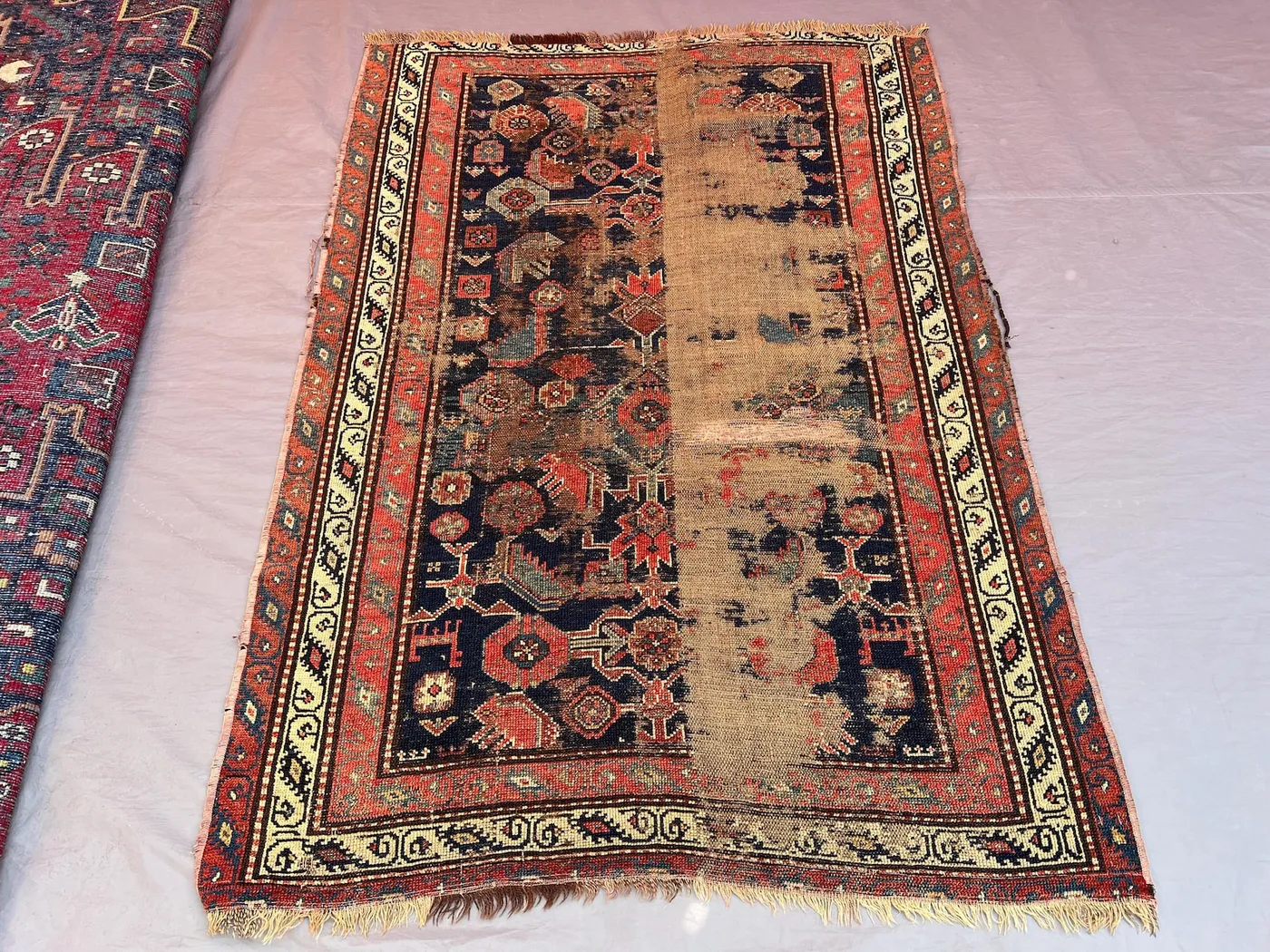 3'7x4'11 ft Antique Afghan Handwoven Kilim Rug, Distressed Flatweave, Tribal Geometric, Low Pile Red & Blue, Living Room, Bedroom, Area Rug