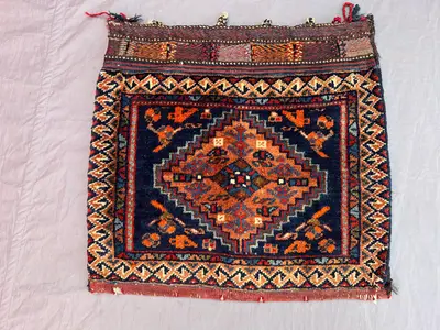 1'6x1'8 ft Vintage Afghan Baluchi Handwoven Kilim, Flatweave Tribal Geometric Design, Red & Blue, Small Area R
