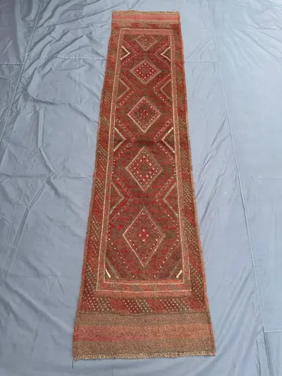 2 x 8 ft Afghan Hand Knotted Vintage Soft Pile One-of-a-Kind Narrow Runner Mishwani Design | Living room decor
