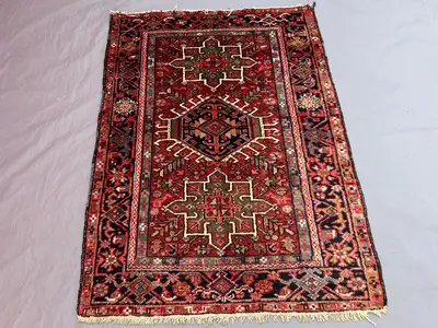 3'5x4'7 ft Vintage Afghan Hand-Knotted Rug, Soft Pile, Tribal Geometric Design, Red & Green, Living Room, Bedr