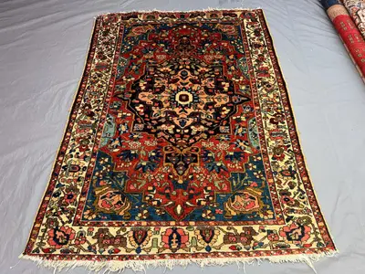 4'8x6'7 ft Vintage Afghan Hand-Knotted Rug | Persian-Style Floral Medallion Design | Red, Navy & Ivory Wool | 