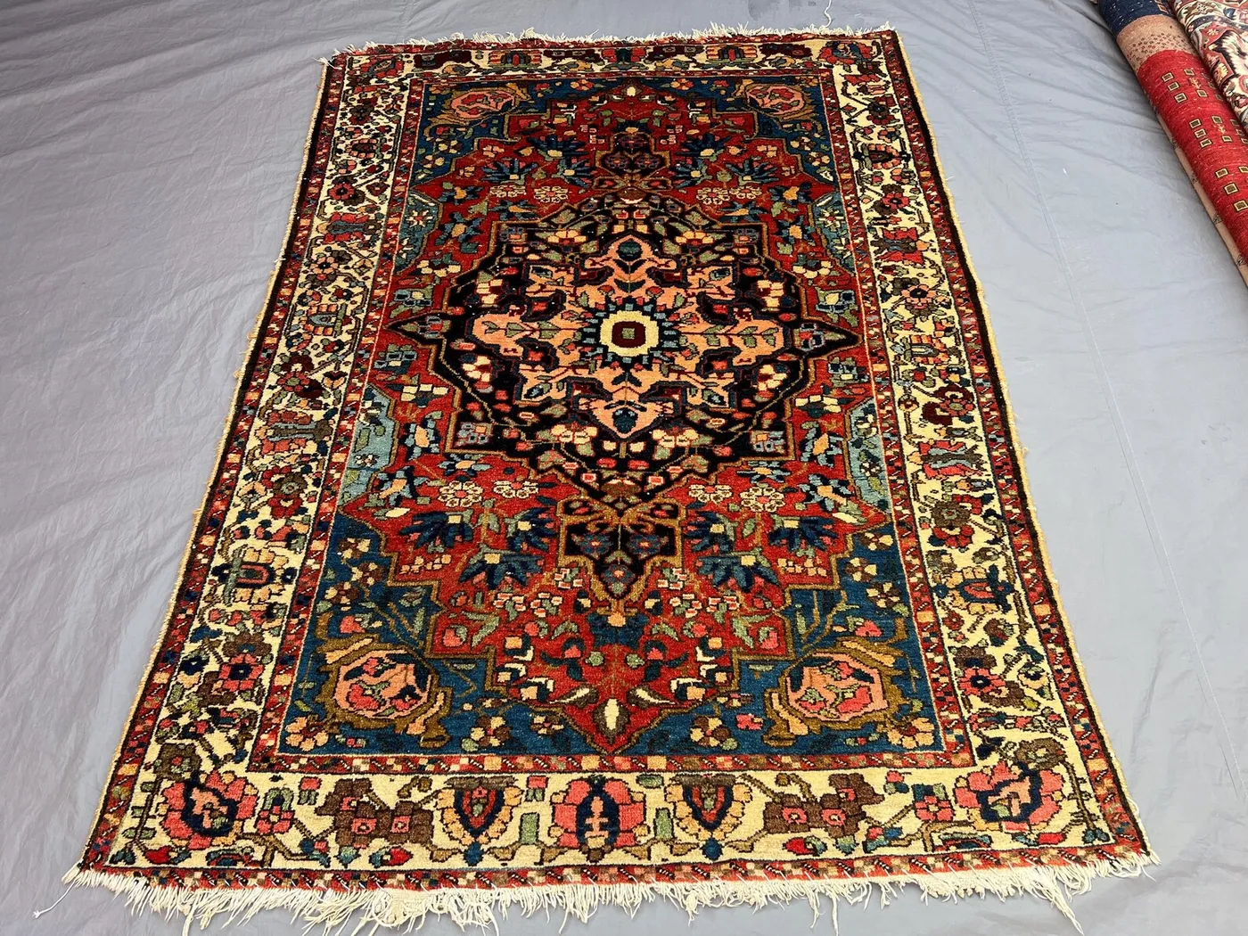 4'8x6'7 ft Vintage Afghan Hand-Knotted Rug | Persian-Style Floral Medallion Design | Red, Navy & Ivory Wool | Living Room Area Rug