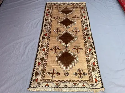 3'3x6'5 ft, Vintage Afghan Baluchi Hand-Knotted Runner Rug, Geometric Tribal Design, Soft Pile, Terracotta, Br