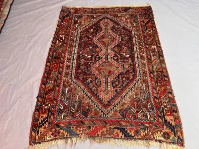 4x6 Persian-Style Qashqai Design Rug | Hand-Knotted Wool | Terracotta Tribal Pole Medallion | 1930s Antique Af
