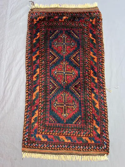 1'4x2'7 ft, Vintage Afghan Baluchi Hand-Knotted Rug, Geometric Tribal Design, Soft Pile, Red, Blue, Wool, Acce
