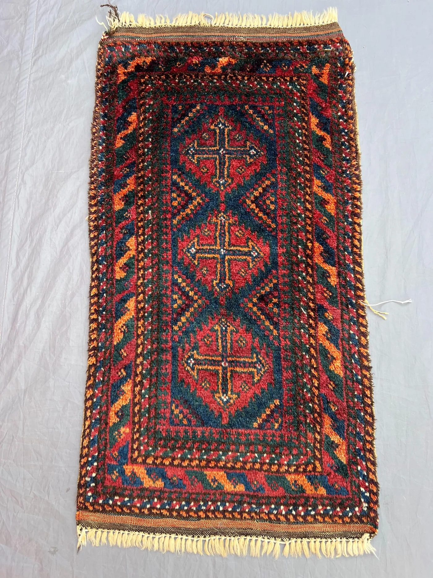 1'4x2'7 ft, Vintage Afghan Baluchi Hand-Knotted Rug, Geometric Tribal Design, Soft Pile, Red, Blue, Wool, Accent, Small Area Rug Entryway