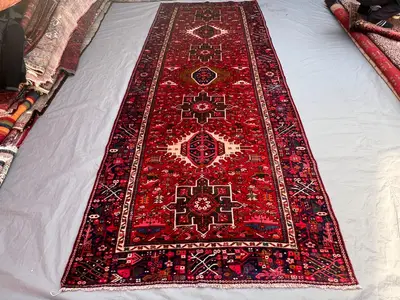 2'8x4'9 ft Vintage Afghan Baluchi Hand-Knotted Runner Rug, Geometric Design, Soft Pile, Red, Black, Wool, Trib
