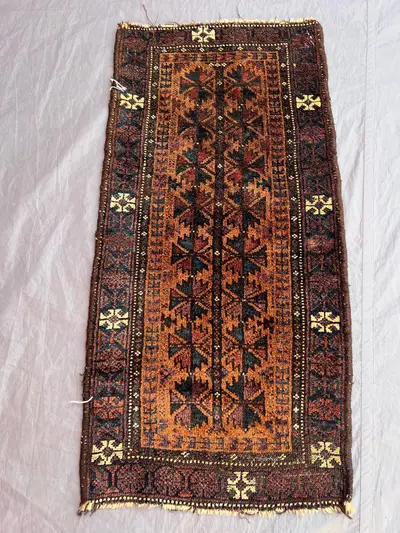 Terracotta 1'4" x 2'10" Vintage Afghan Baluchi Hand-Knotted Rug, Geometric Tribal Design, Soft Pile for Prayer