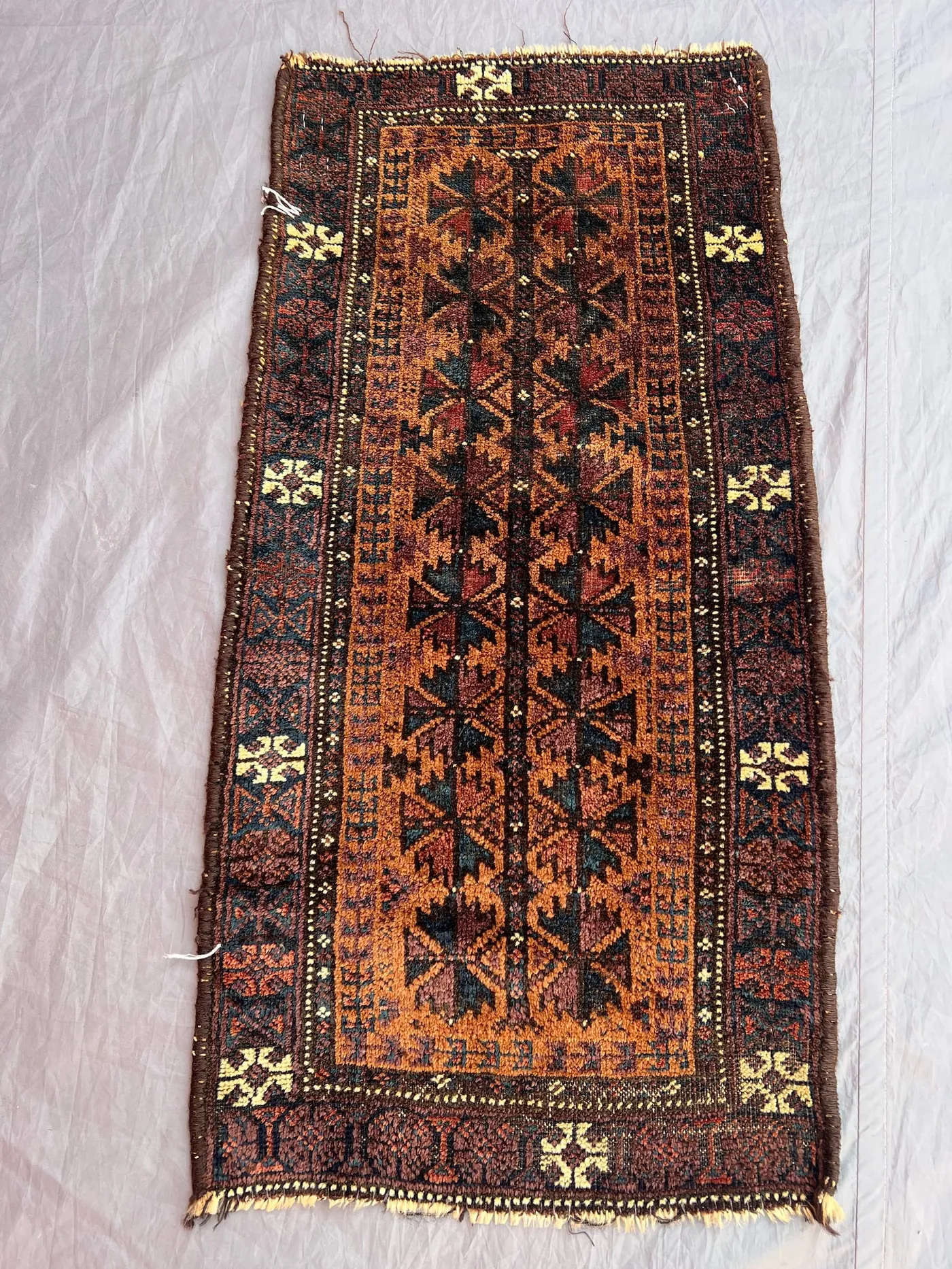 Terracotta 1'4" x 2'10" Vintage Afghan Baluchi Hand-Knotted Rug, Geometric Tribal Design, Soft Pile for Prayer, Entryway, Small Accent Rug