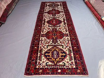 Red 3'8x10'6 Vintage Afghan Baluchi Runner, Hand-Knotted Wool, Geometric Tribal Medallion Design, Soft Pile fo