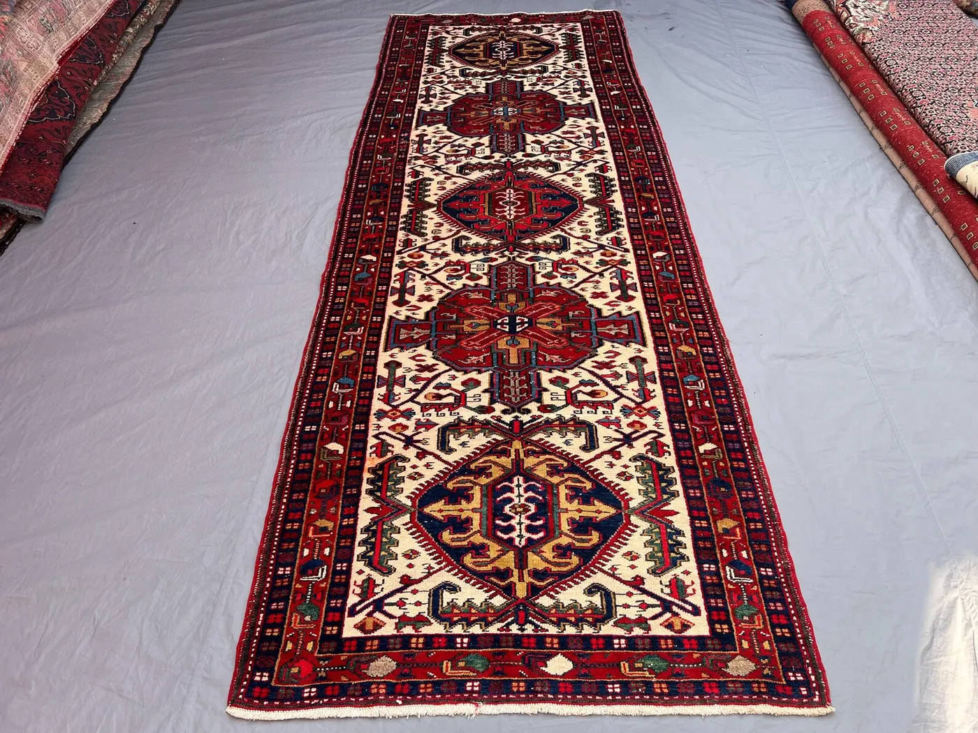 Red 3'8x10'6 Vintage Afghan Baluchi Runner, Hand-Knotted Wool, Geometric Tribal Medallion Design, Soft Pile for Hallway, Corridor, Entryway