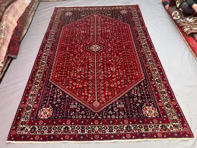 6'6x9'9 Persian-Style Abadeh Design Rug | Vintage Afghan Hand Knotted Wool | Red Navy Hexagon Medallion Tribal