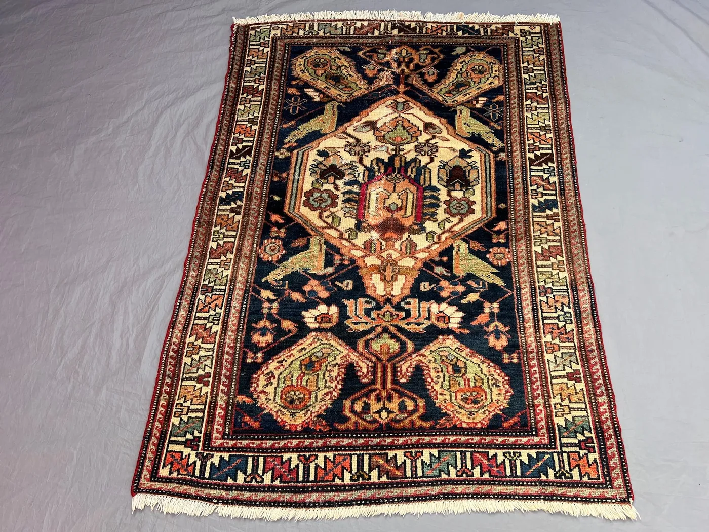 Vintage 3'5 x 4'10 ft Afghan Hand-Knotted Rug, Tribal Herati Design, Soft Pile, Geometric Area Rug for Living Room One Of a Kind
