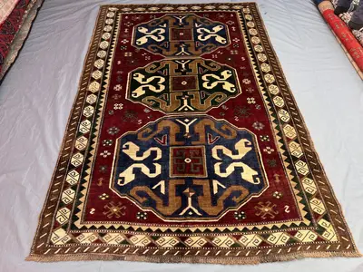 5'7 x 8'7 Caucasian-Style Cloudband Kazak Rug | Vintage Afghan Hand-Knotted Wool | Burgundy Triple Medallion