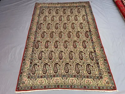 4'6 x 6'9 Persian-Style Mir Boteh Rug | Serabend Paisley Design | Vintage Afghan Hand-Knotted Wool, Cream & Re