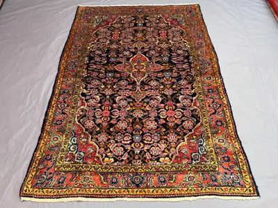 4'6 x 6'6 Persian-Style Malayer Design Rug | Vintage Afghan Hand-Knotted Wool | Navy Herati & Coral Turtle Bor