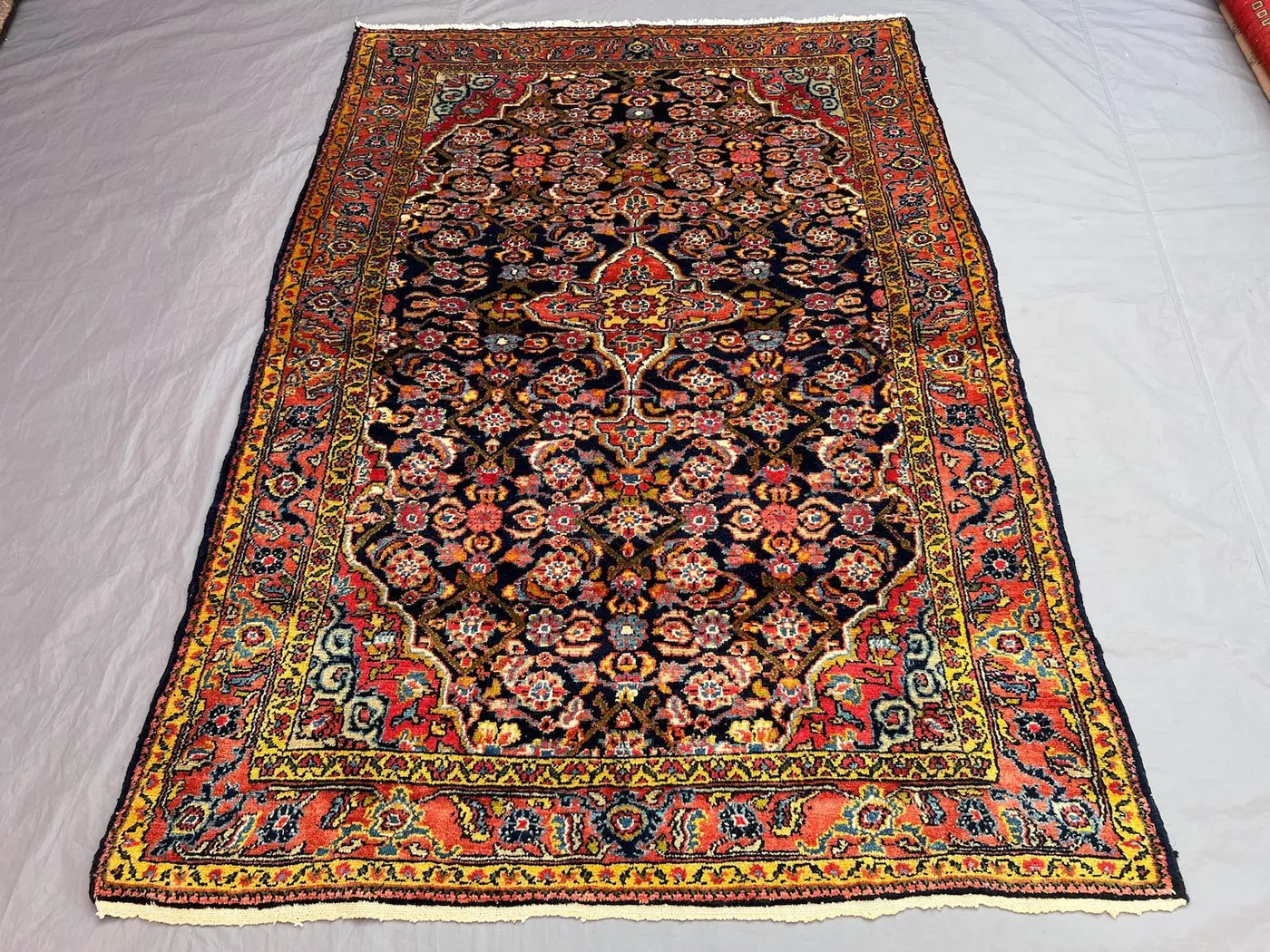 4'6 x 6'6 Persian-Style Malayer Design Rug | Vintage Afghan Hand-Knotted Wool | Navy Herati & Coral Turtle Border