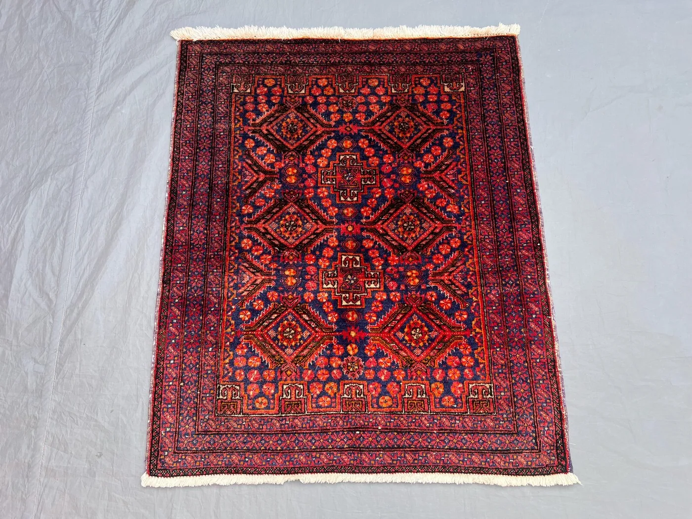 Vintage 2'6x3 ft Afghan Baluchi Accent Rug Soft Pile Tribal Geometric Design, Small Area Rug, Entryway, Living Room, Handwoven 100% Wool