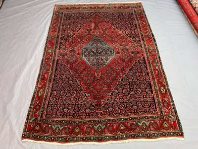 Antique 4'9x7'2 ft Afghan Hand-Knotted Wool Rug, Red Field Central Diamond Medallion Tribal Design, Vintage Ar