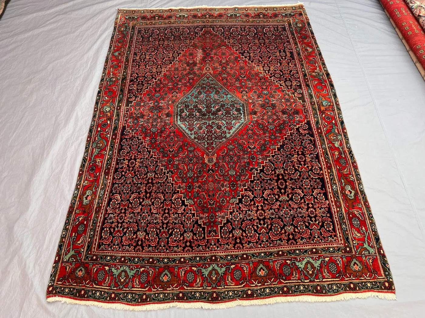 Antique 4'9x7'2 ft Afghan Hand-Knotted Wool Rug, Red Field Central Diamond Medallion Tribal Design, Vintage Area Rug Living Room Dining