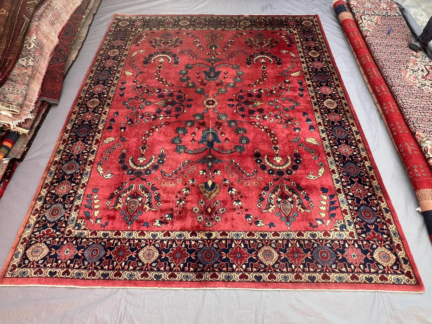 Antique 8'3x10 ft Afghan Hand-Knotted Wool Rug, Rich Red Field Allover Floral Vine Paisley Design, Vintage Area Rug Living Dining Room
