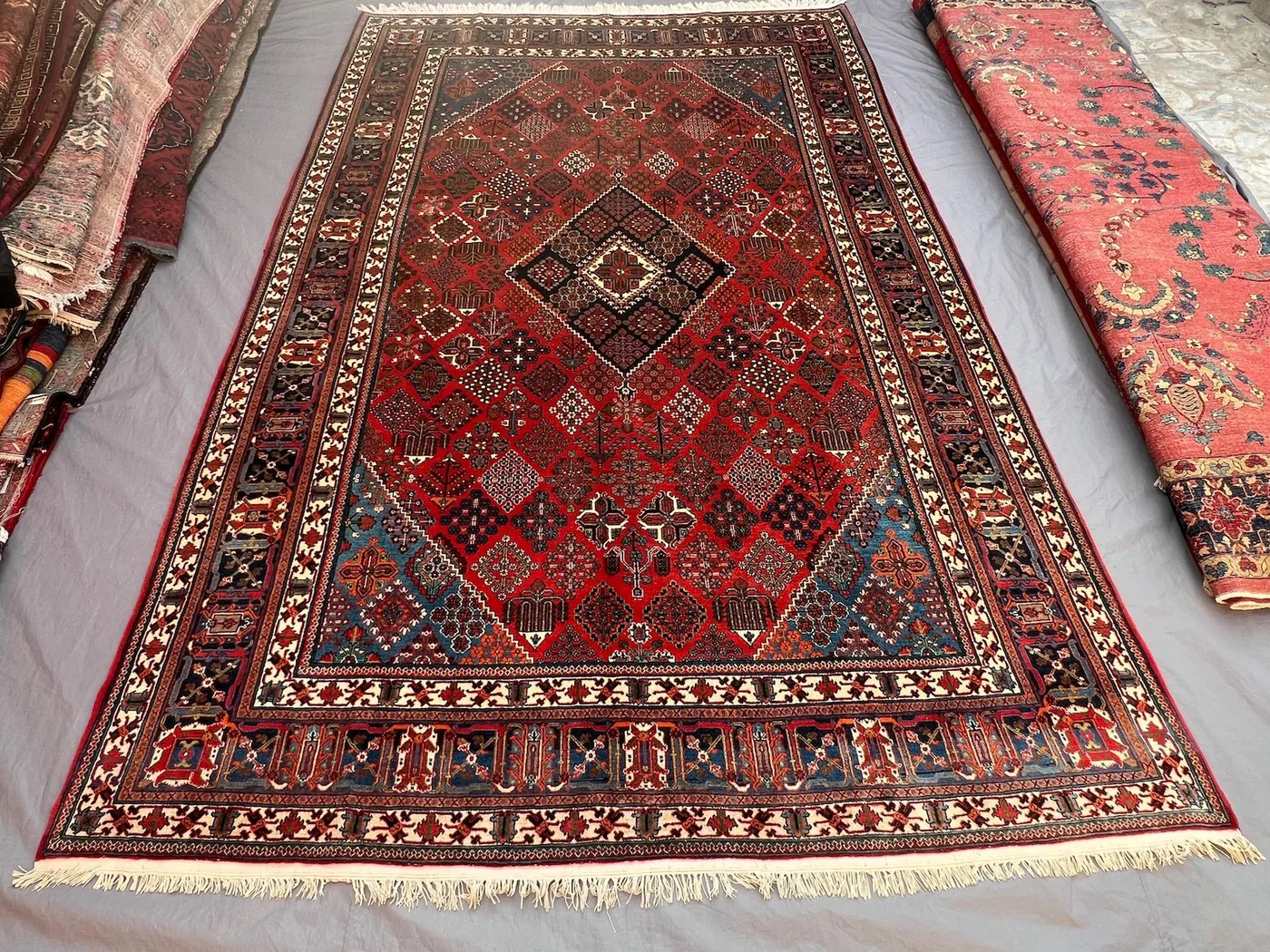 Antique Afghan Baluch Rug 7'5x11'8 Red Diamond Medallion Geometric Tribal Design Large Area Rug Living Room Bedroom Handwoven 100% Wool