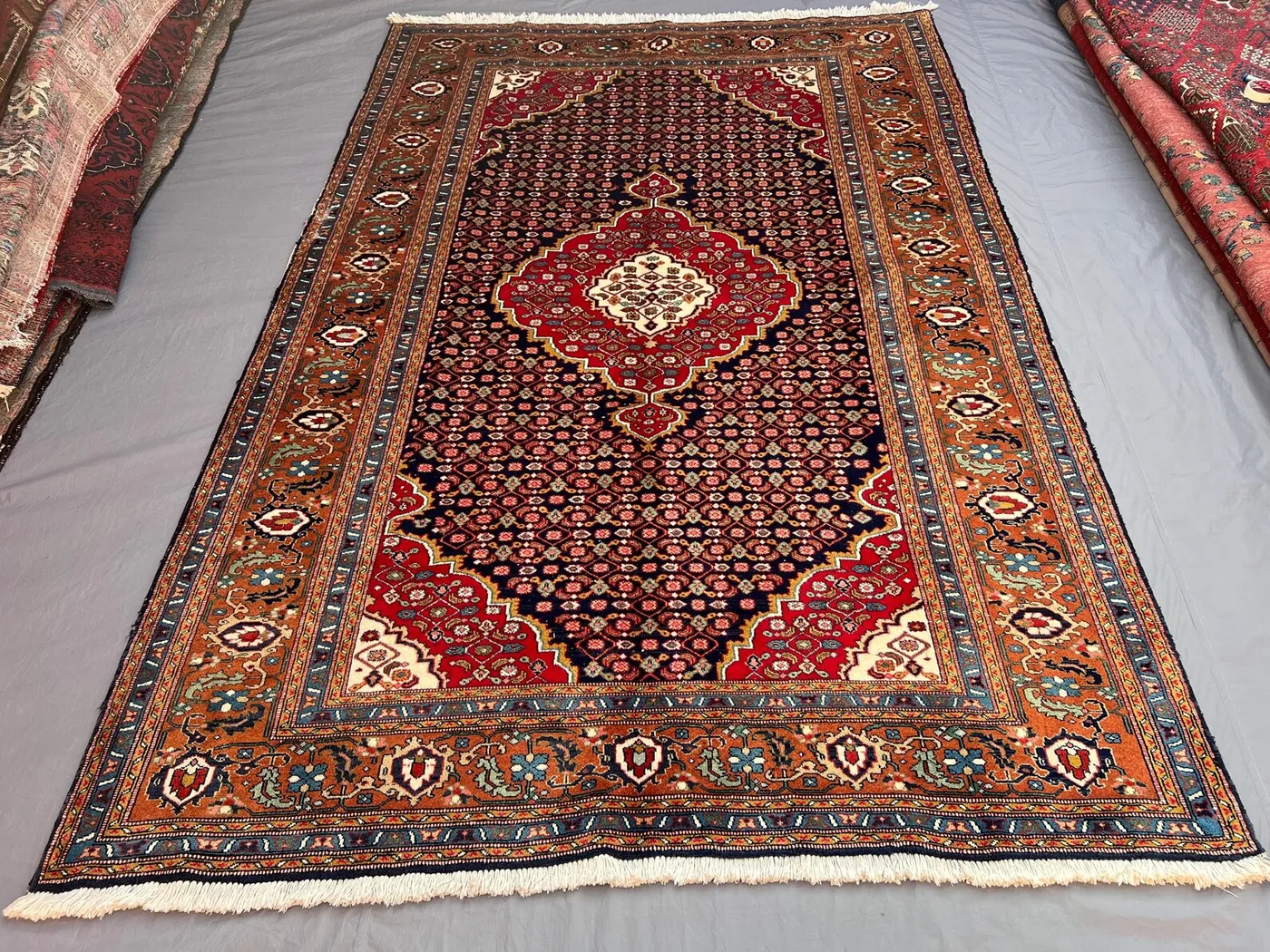 Vintage Afghan Baluchi Rug 6'6x9'9 Geometric Medallion Design Red Navy Floral Tribal Large Area Rug Living Room Bedroom Handwoven 100% Wool