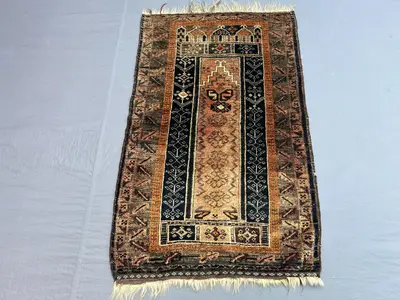 Antique 2'6x4 ft Afghan Baluchi Prayer Rug Soft Pile, Handwoven Wool, Vintage Tribal Maihrab Design, Living Ro