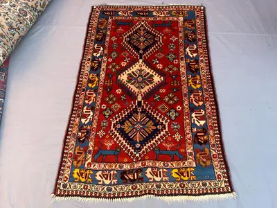 Vintage 3'4x5'3 ft Afghan Baluchi Hand-Knotted Rug Soft Pile, Tribal Geometric Design, 100% Wool Living Room, 