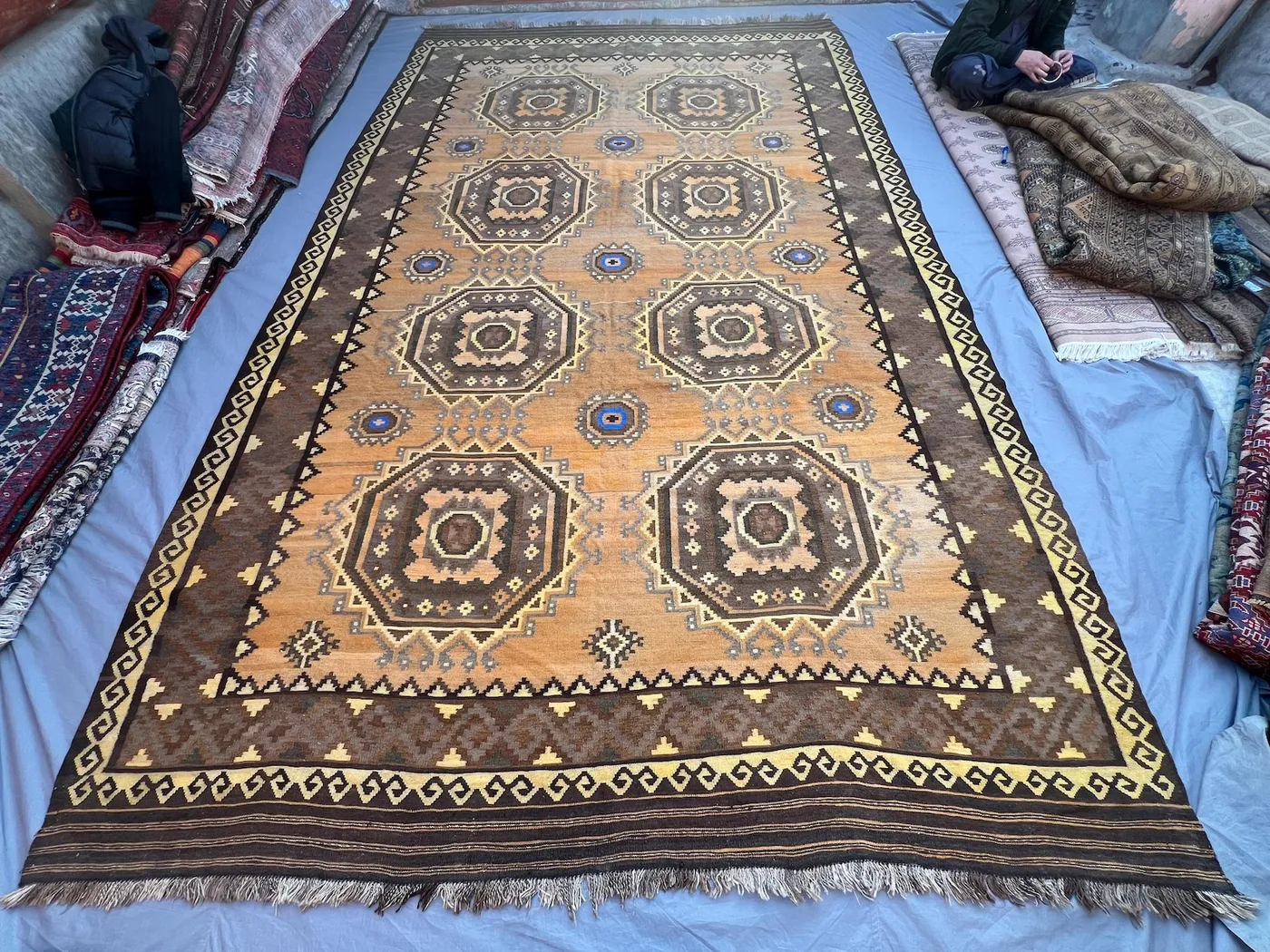 Vintage 9'5x14'10 ft Afghan Baluchi Handwoven Kilim Flatweave Rug, Tribal Geometric Design, Large Area Rug, Living Room, Dining Room