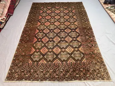 Vintage 6'8x9 ft Afghan Baluchi Hand-Knotted Rug, Tribal Geometric Design, Wool, Area Rug, Living Room, Dining