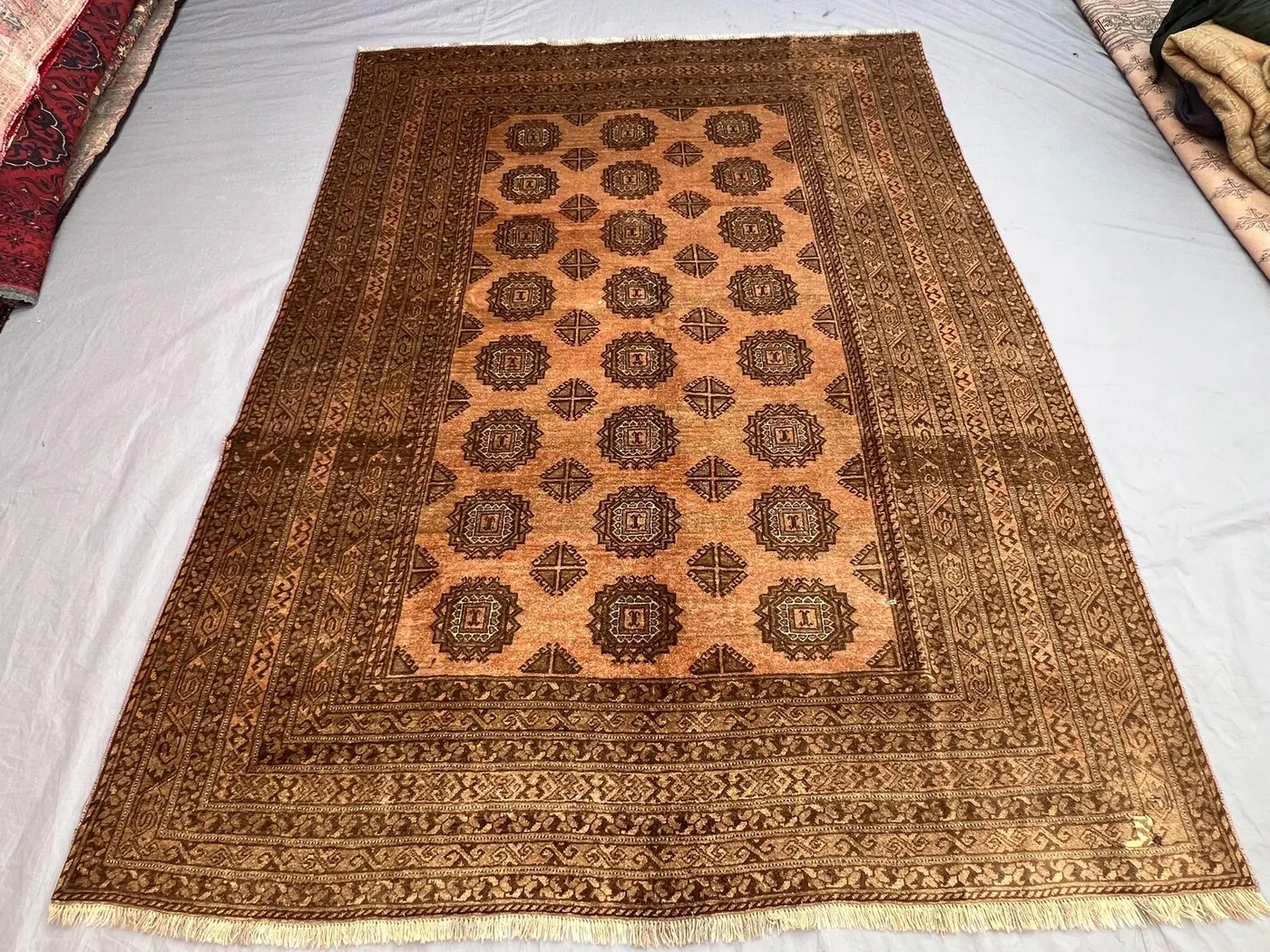 Vintage Afghan Rug, Handwoven, Traditional Design, Warm Brown & Gold, Cozy Home Decor, Bohemian Area Rug, 6'8" x 8'8" (203 x 268 cm)